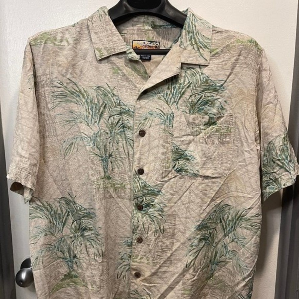 Havana Jacks Cafe Mens XL Silk Palm Tree Tropical Camp Shirt Tan Green Short Slv
